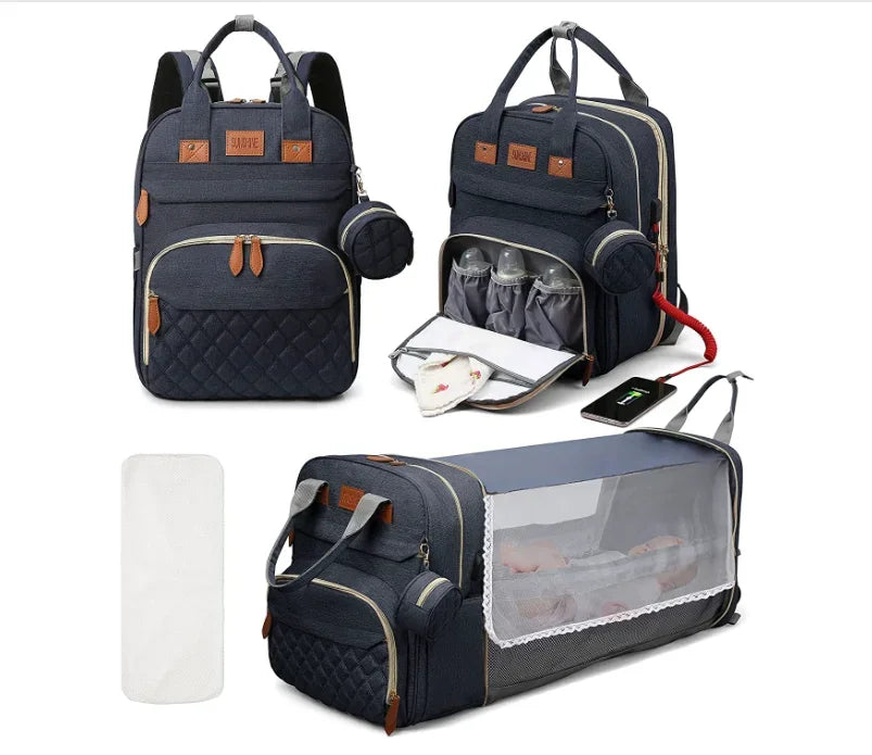 Nova Mart 3-in-1 diaper bag backpack with foldable baby bed, spacious design, and multiple compartments for parents on the go.