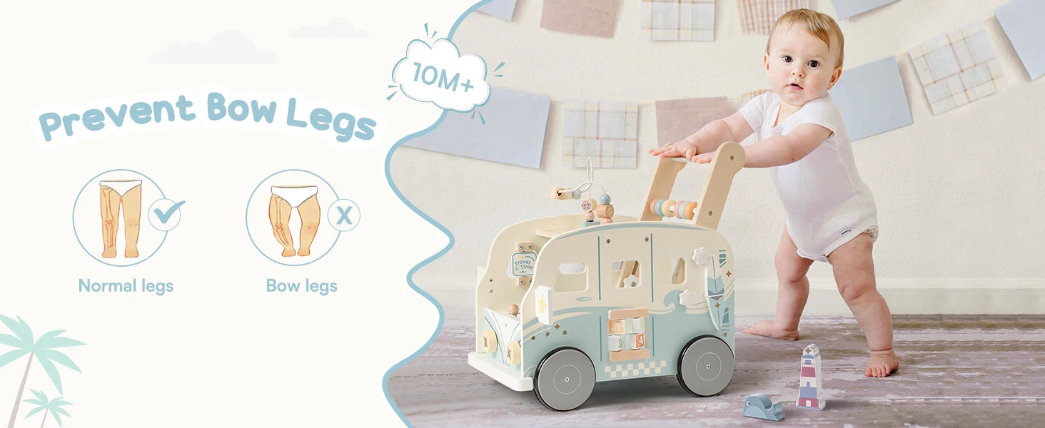 Wooden robot-themed baby walker with wheels by Nova Mart, suitable for both boys and girls, designed for early mobility.