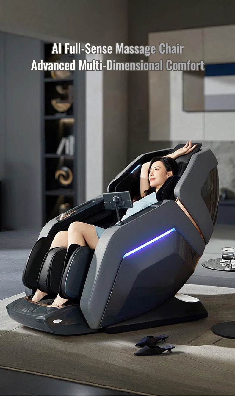 Nova Mart 4D Zero Gravity Massage Chair with voice control and Bluetooth features, showcasing sleek design and padded armrests.
