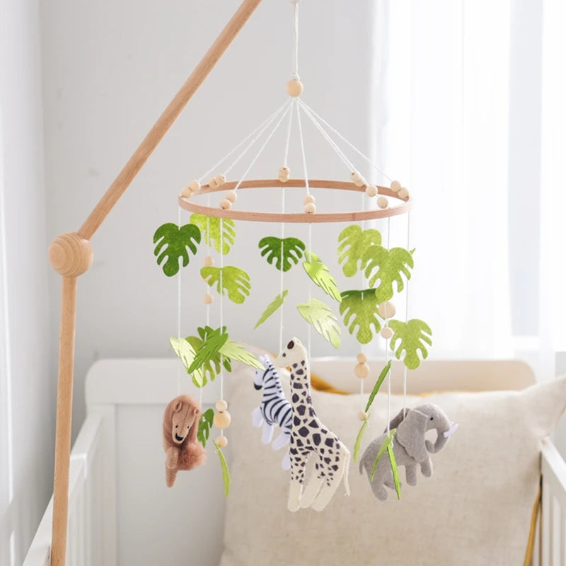 Wooden wind chime baby crib mobile with animal felt dolls and music, Nova Mart baby toy for soothing nursery decor.