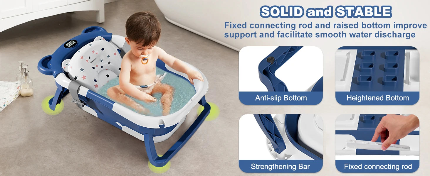 Collapsible Nova Mart baby bathtub with built-in thermometer and floating cushion for safe, comfortable bathing.