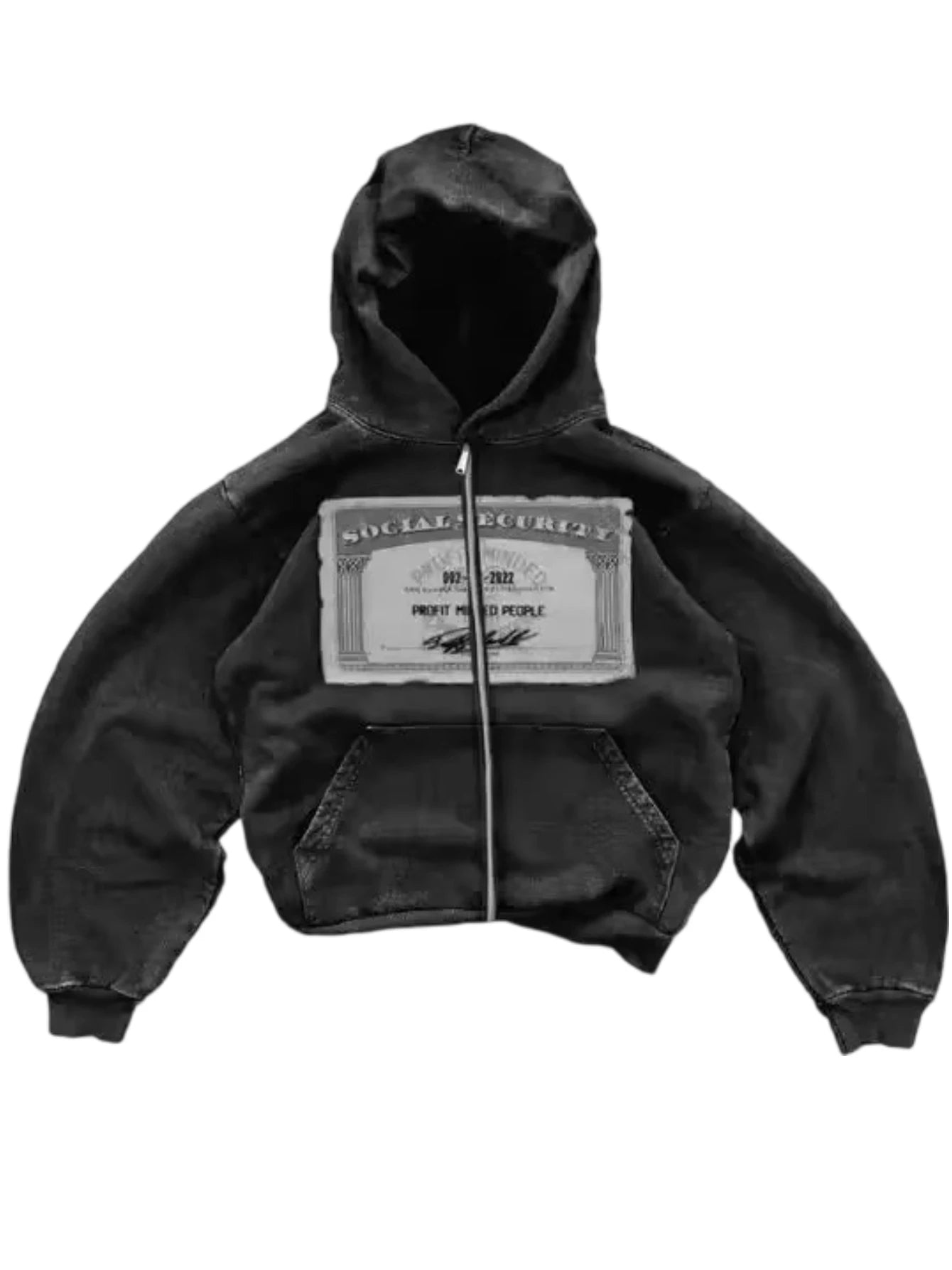 Men's vintage grey Y2K zip-up hoodie by Nova Mart, featuring hip-hop street style with a classic retro design.
