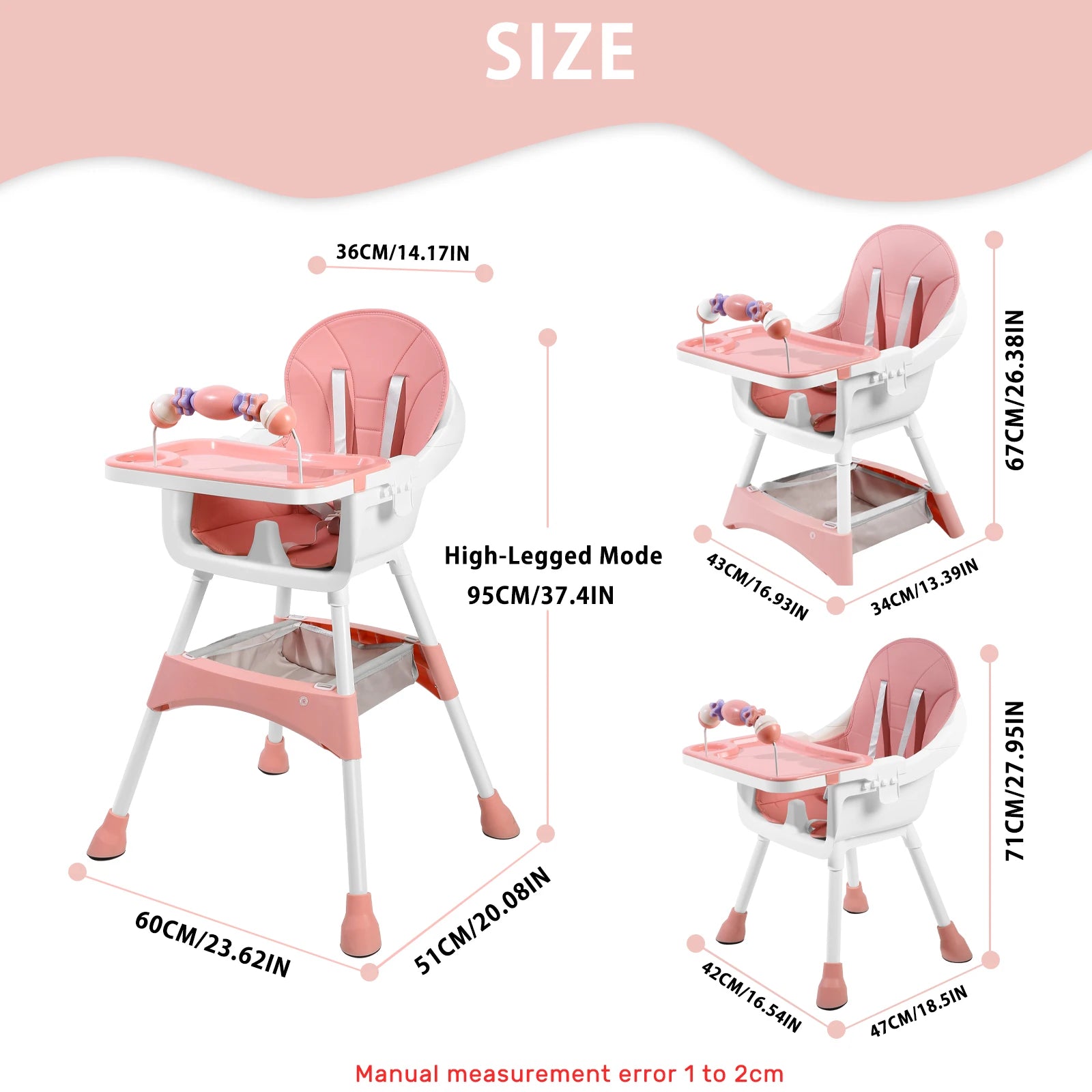 Portable Nova Mart convertible baby high chair with toy rack and double dinner plates, suitable for feeding and play.