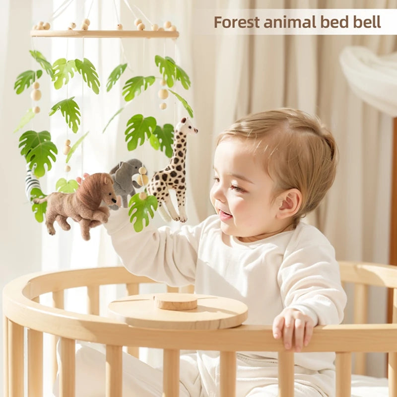 Wooden baby crib mobile with felt animal dolls and music, designed for infant toys by Nova Mart.