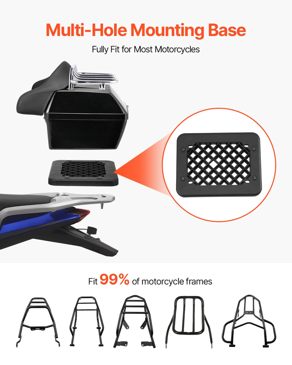 Black 48L motorcycle top case with backrest and lock, Nova Mart SucceBuy motorcycle accessory mounted on a bike.