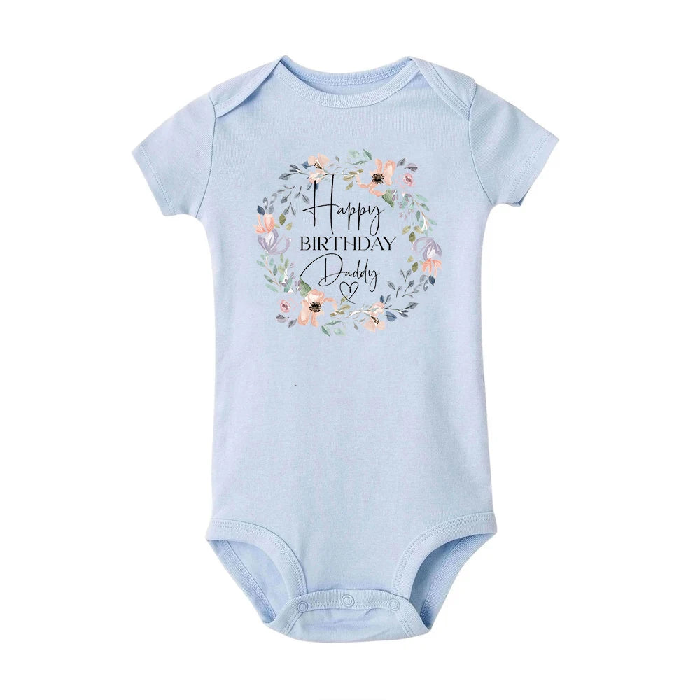 Cute baby bodysuit by Nova Mart featuring "Happy Birthday Daddy" print, short sleeve summer romper for little ones.
