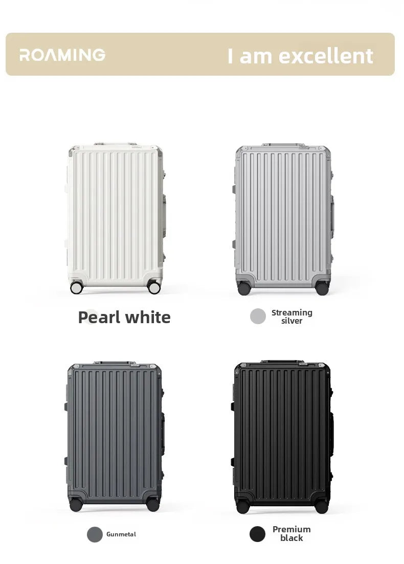 Nova Mart aluminum frame hardcase luggage with universal wheels, durable travel suitcase with sleek design and sturdy handle.