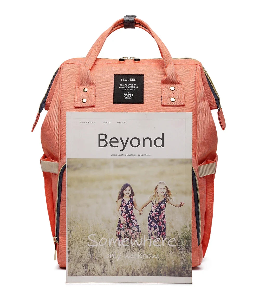 Large capacity Lequeen mummy diaper bag backpack by Nova Mart with multiple compartments for travel and baby essentials.