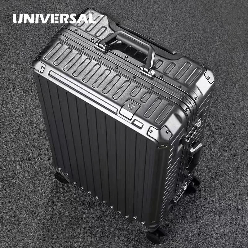 Aluminum frame hardcase luggage with universal wheels, durable travel suitcase by Nova Mart with secure zippers and sleek design.