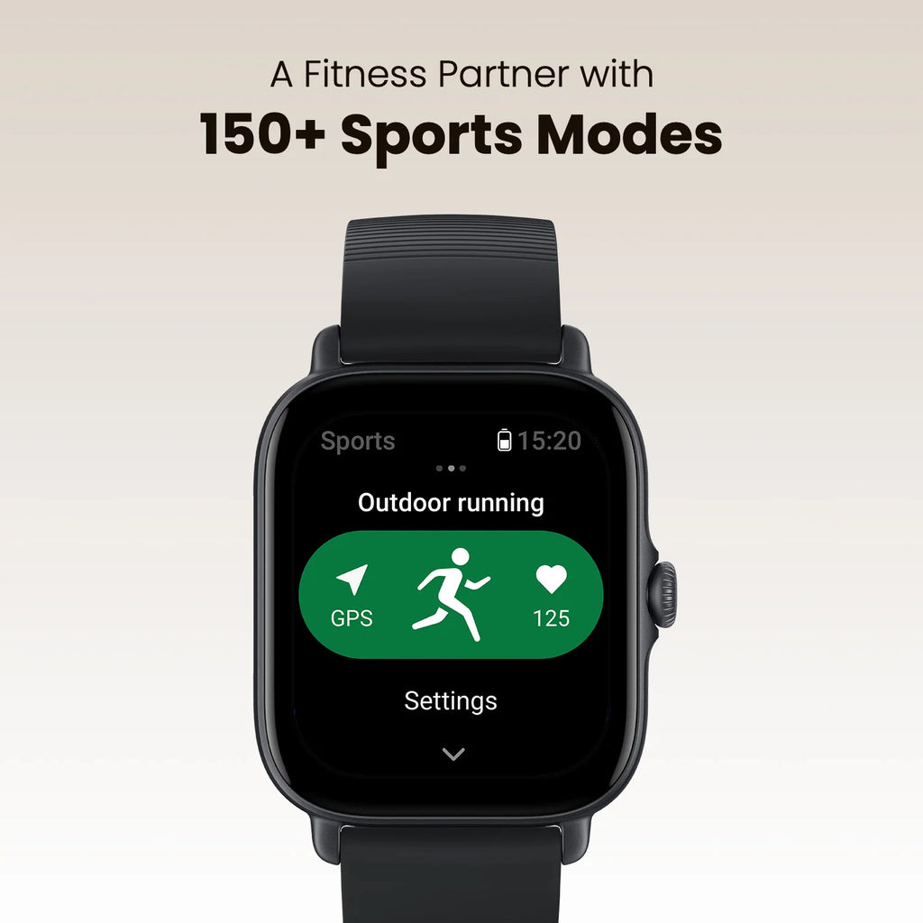 Amazfit GTS 4 Mini smartwatch displaying health stats and sport modes on a sleek black screen, featuring a silicone band.