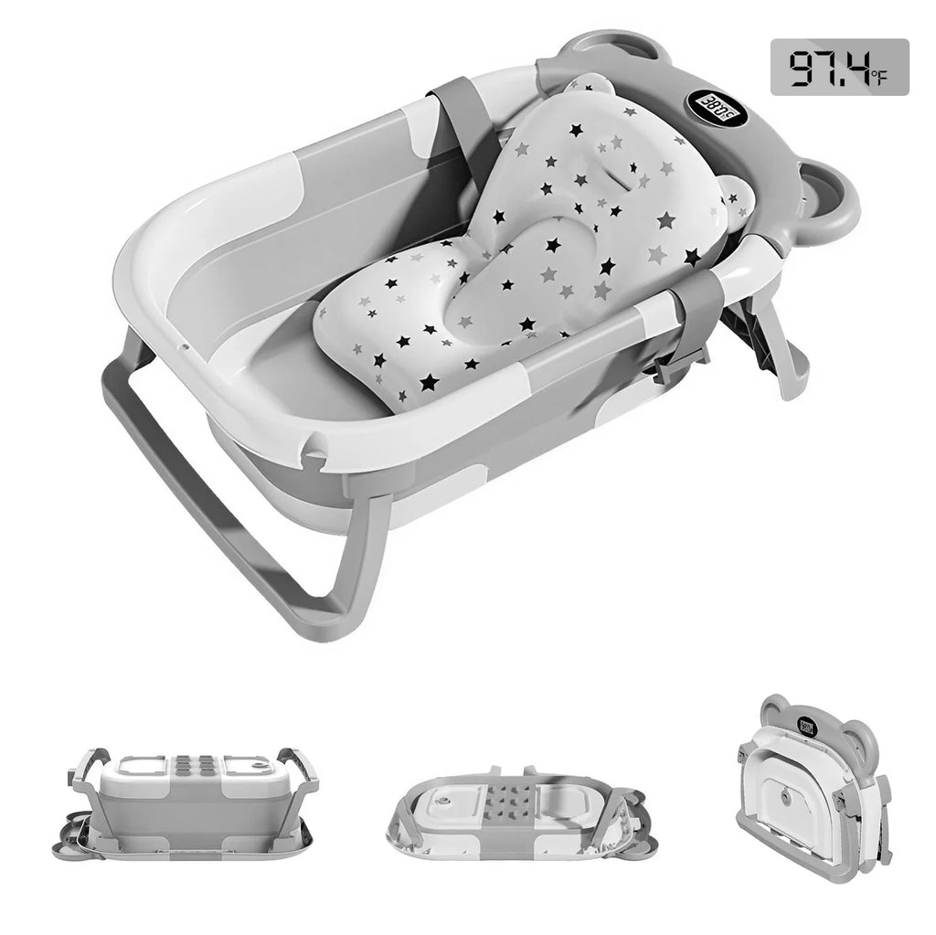 Collapsible baby bathtub with built-in thermometer and floating cushion, ideal for safe and comfortable infant bathing.