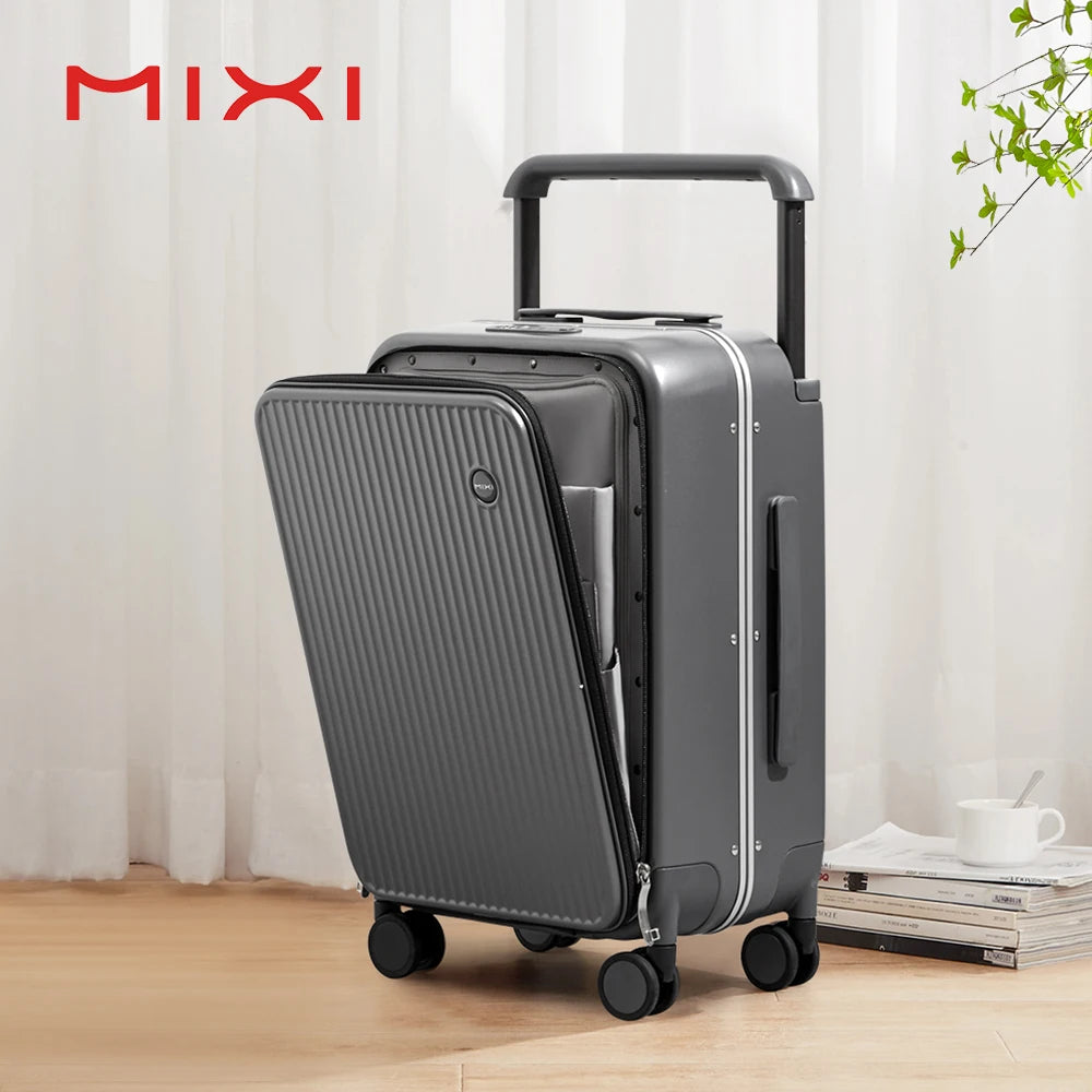Nova Mart Mixi PC aluminum frame trolley case with laptop pocket, durable luggage with wheels and secure storage for travel.