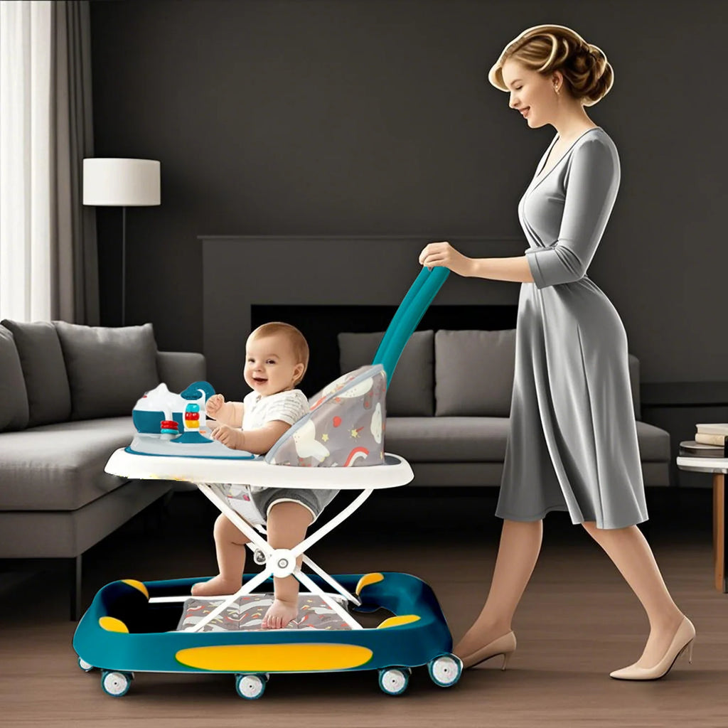 Nova Mart 6-in-1 Baby Push Walker with music, lights, and dining tray, suitable for babies 7 months and older, with colorful features.