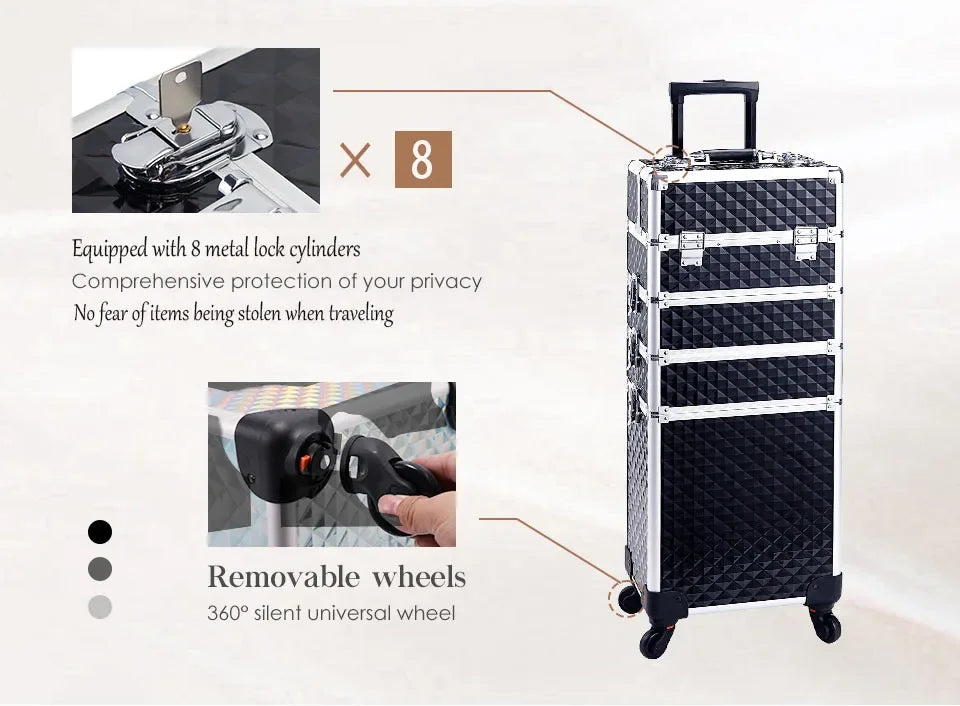Maxulene 4-in-1 detachable makeup trolley case with wheels, featuring multiple compartments and a sturdy handle for easy transport.