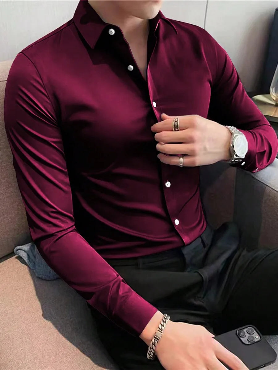 Men's solid satin casual long sleeve shirt by Nova Mart, featuring a smooth fabric and classic design.