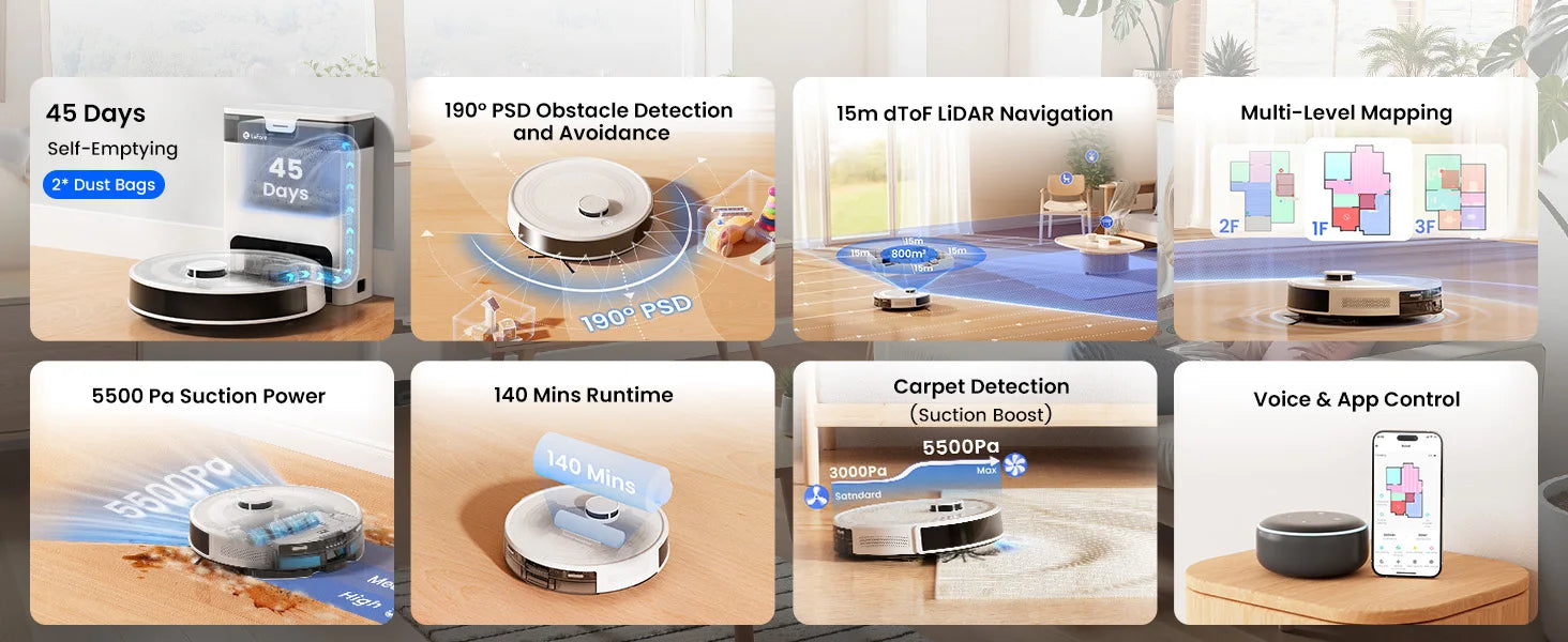 Lefant M2 Pro robot vacuum and mop with 5500Pa suction and LiDAR navigation, shown on a hardwood floor.