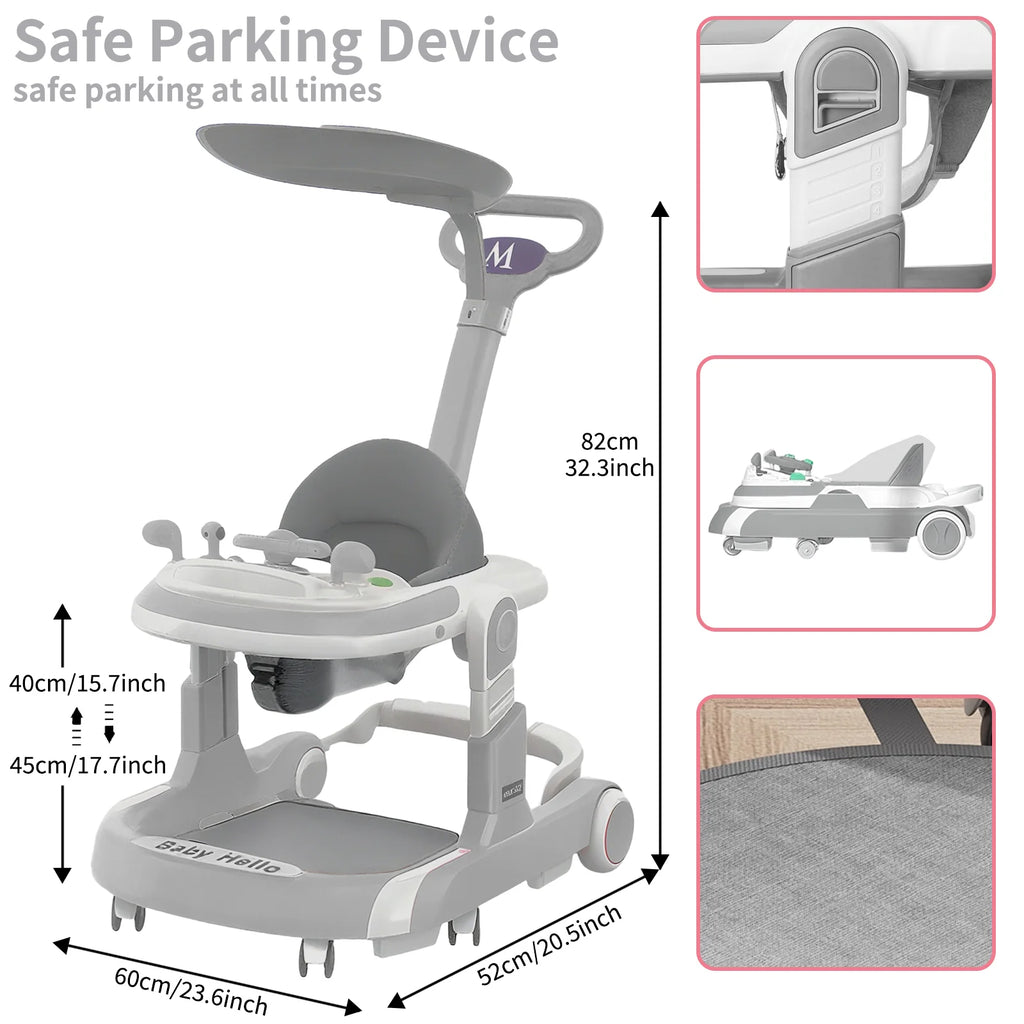 Nova Mart multifunctional baby walker with sunshade, cushioned seat, and built-in music for easy mobility and entertainment.