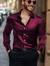 Men's solid satin casual long sleeve shirt by Nova Mart, featuring a smooth satin fabric and classic collar design.