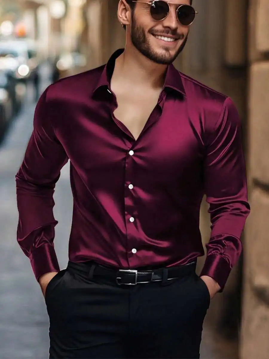Men's solid satin casual long sleeve shirt by Nova Mart, featuring a smooth satin fabric and classic collar design.