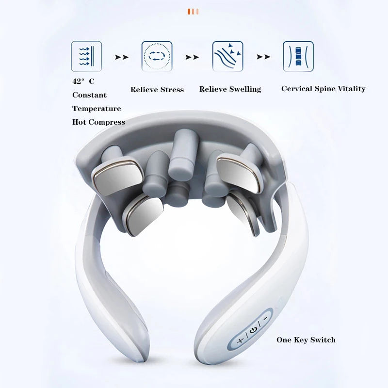 Nova Mart Smart Neck Massager with low frequency pulse therapy for cervical relief, showing a compact handheld device on a neutral background.