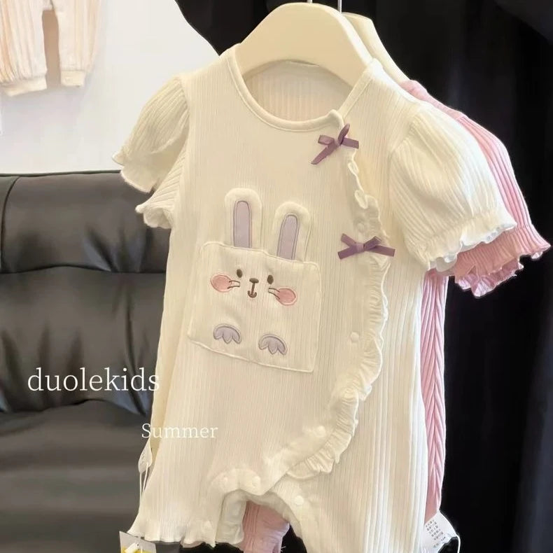 Baby girl summer cartoon romper by Nova Mart, short sleeve climbing jumpsuit with playful design, perfect for warm weather.