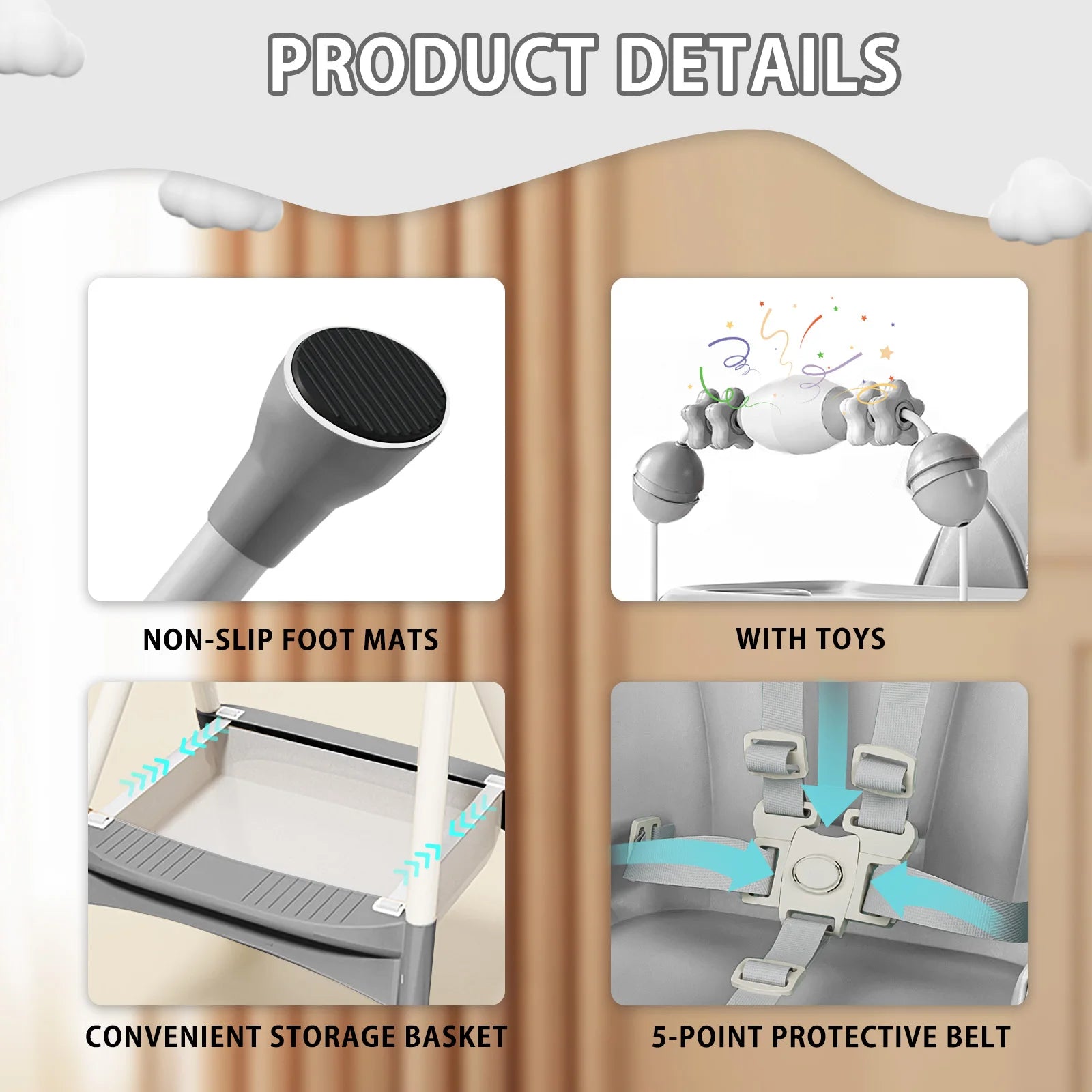 Foldable Nova Mart baby high chair with antislip pad and toy rack, showcasing its compact design and safety features.