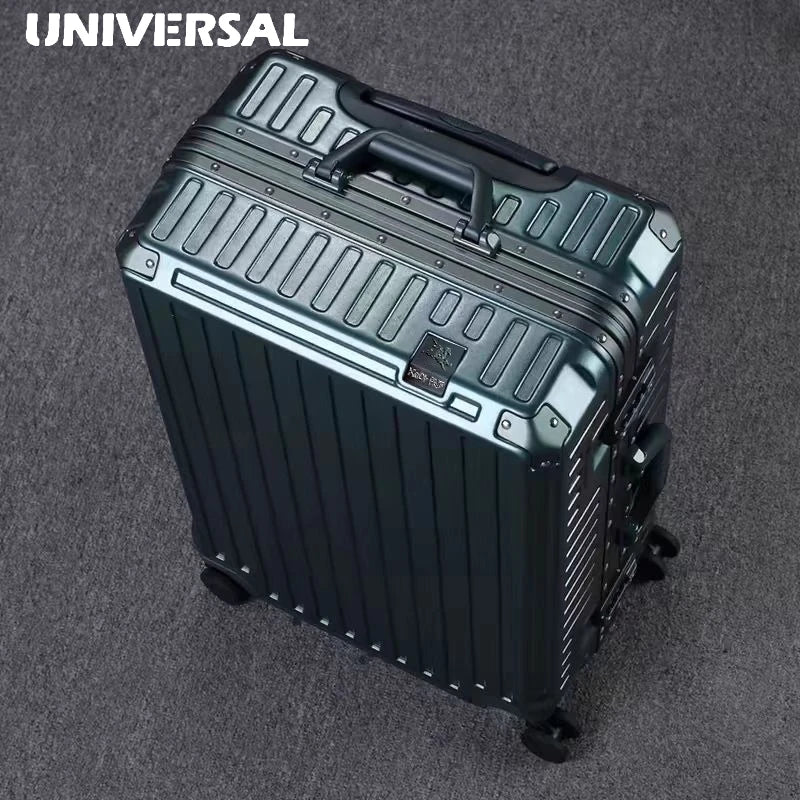 Silver aluminum frame hardcase luggage with universal wheels, durable design, and secure zippers by Nova Mart.