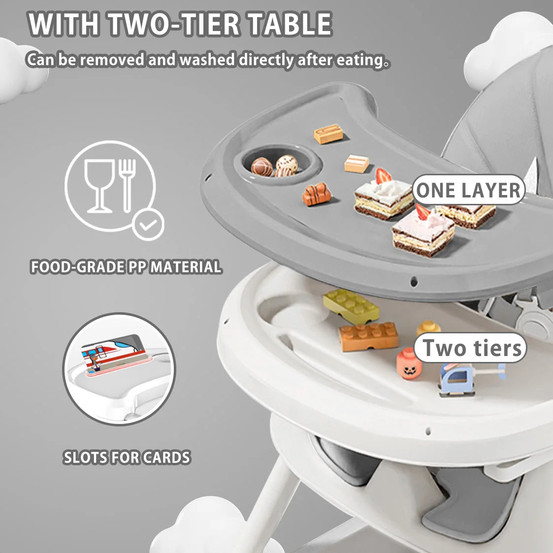 Foldable Nova Mart baby high chair with antislip pad and toy rack, showing the compact, foldable design and safety features.
