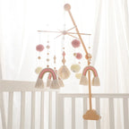 Wooden baby crib mobile by Nova Mart with felt animal dolls and music, soothing baby toy for nursery decor and entertainment.