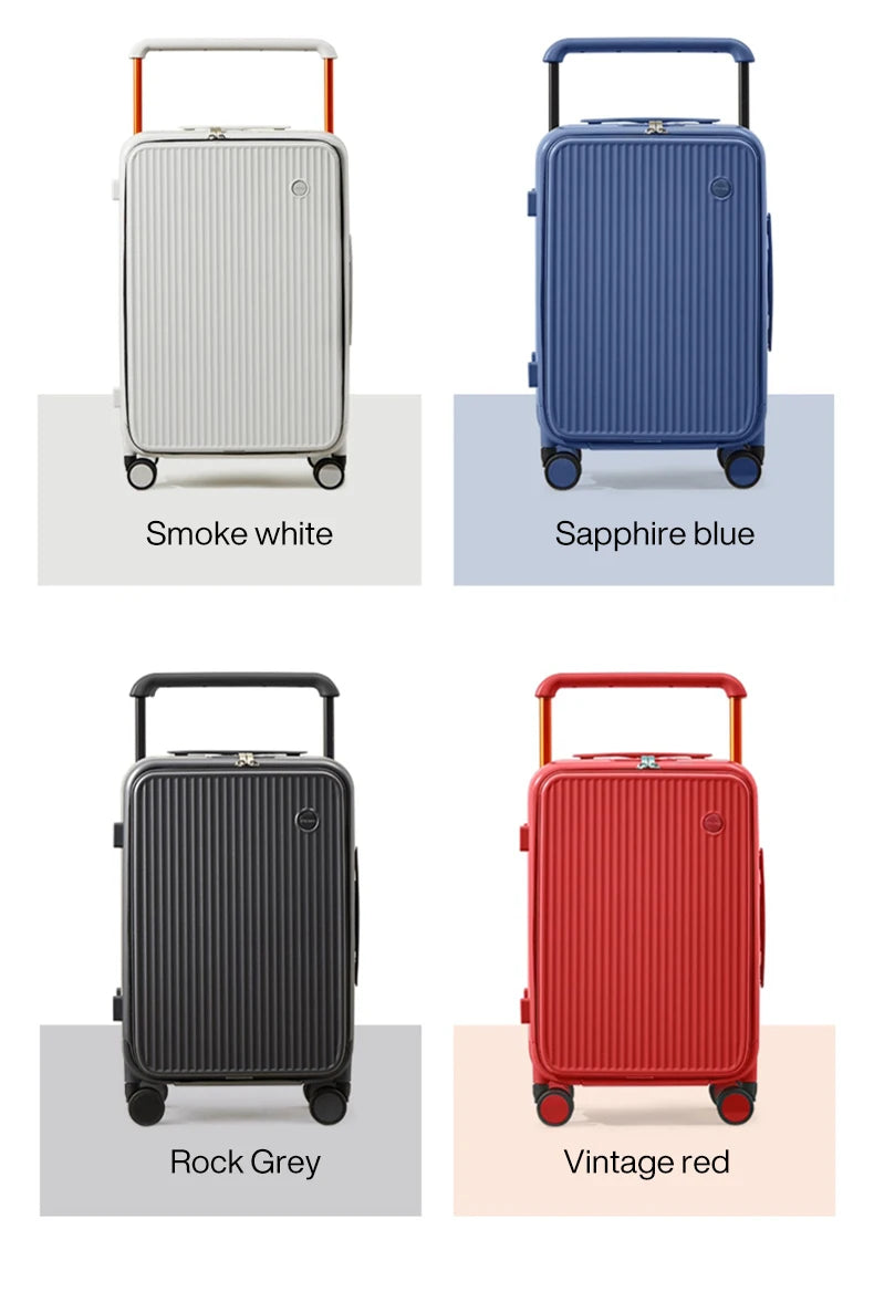 Nova Mart Mixi PC aluminum frame trolley case with laptop pocket, durable luggage with secure handle and smooth wheels.