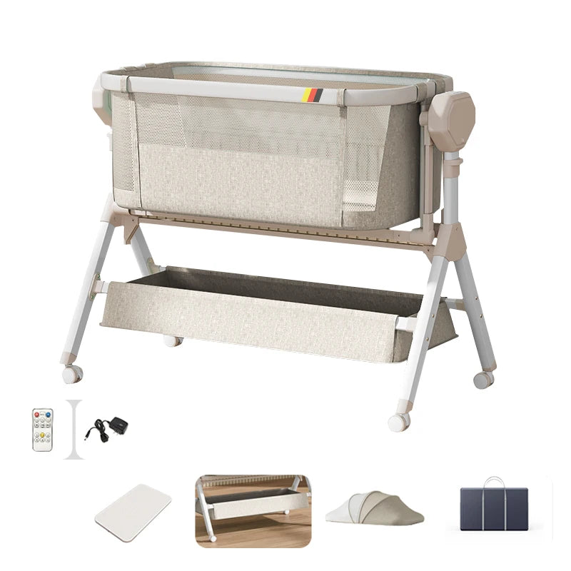 Automatic rocking baby bassinet by Nova Mart with music and lights, designed for newborns, featuring a cozy cradle with gentle motion.