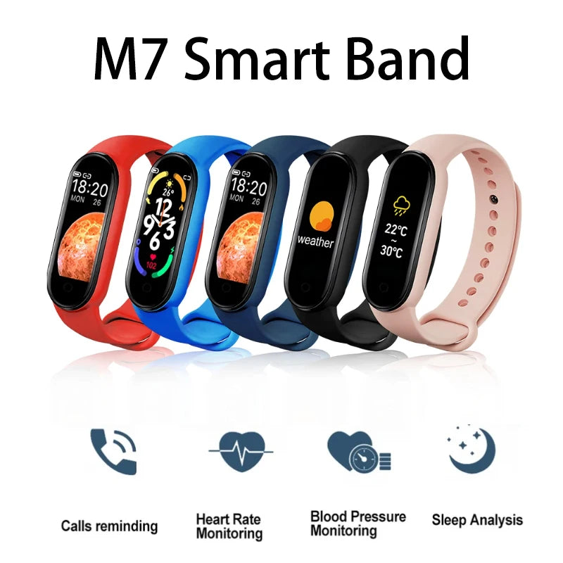 Nova Mart M7 Smart Band with heart rate monitor, fitness tracking, and customizable dials on a sleek smart watch display.