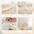 Wooden crochet stars baby crib mobile with bell rattle toy by Nova Mart, featuring soft star-shaped crochet figures for infants.