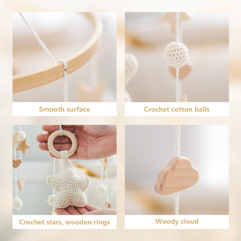 Wooden crochet stars baby crib mobile with bell rattle toy by Nova Mart, featuring soft star-shaped crochet figures for infants.