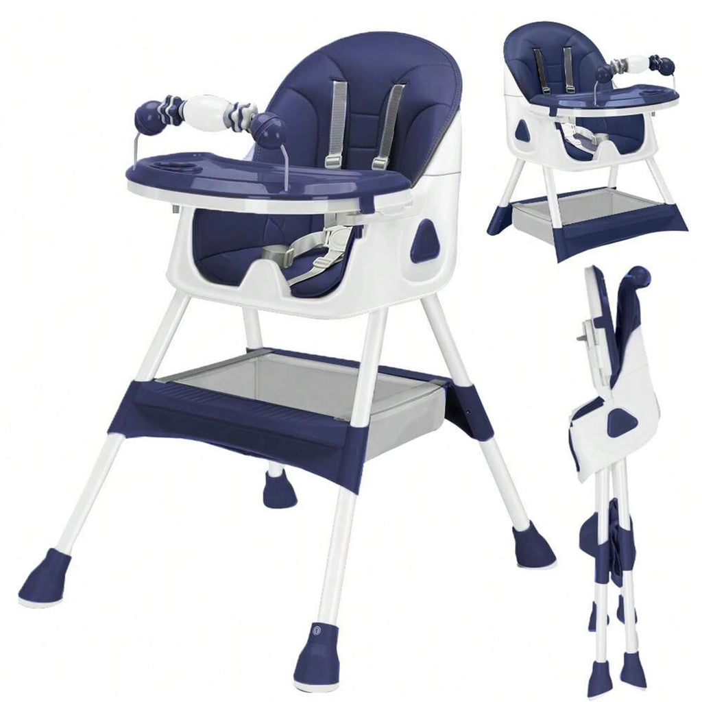 Foldable Nova Mart baby high chair with antislip pad and toy rack, showing the compact design and safety features.