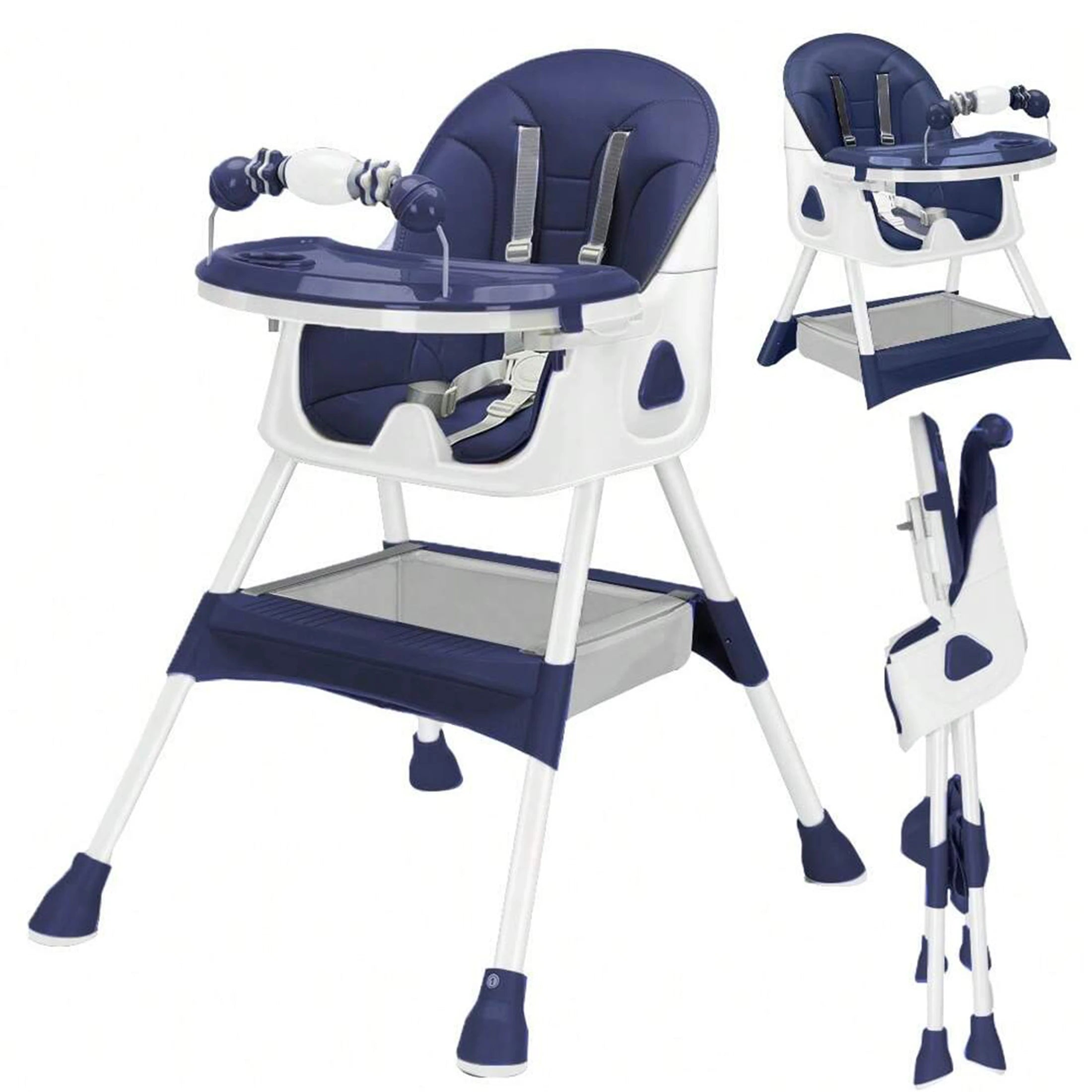 Foldable Nova Mart baby high chair with antislip pad and toy rack, showing the compact design and safety features.