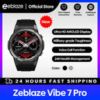 Zeblaze Vibe 7 Pro smart watch with AMOLED display and military-grade build, showcasing a sleek design and Hi-Fi call functionality.