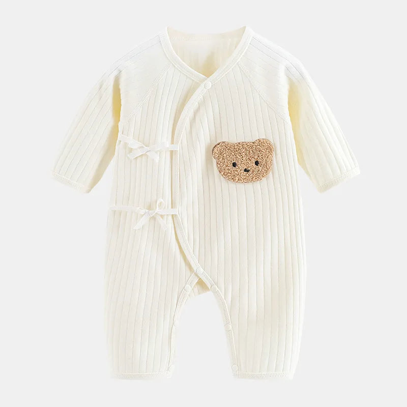 Nova Mart 100% cotton newborn baby romper with cartoon bear print and matching hat, soft and comfortable infant clothing.