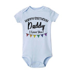 Baby bodysuit from Nova Mart with "Happy Birthday Daddy" print, short sleeve summer romper for infants, soft and comfortable baby clothing.