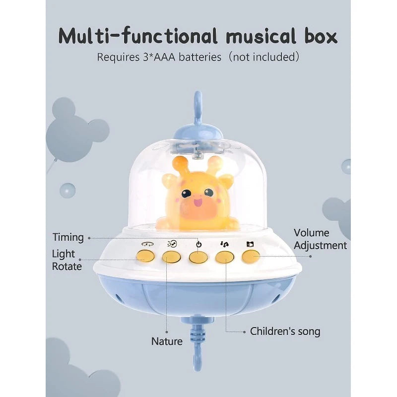 Baby crib mobile with lights, music, and projection from Nova Mart, featuring colorful toys and a remote control for soothing entertainment.