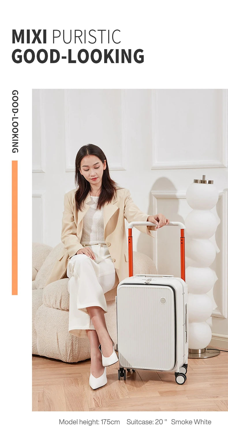 Nova Mart Mixi PC aluminum frame trolley case with laptop pocket, durable luggage with sturdy wheels and secure handle for travel.