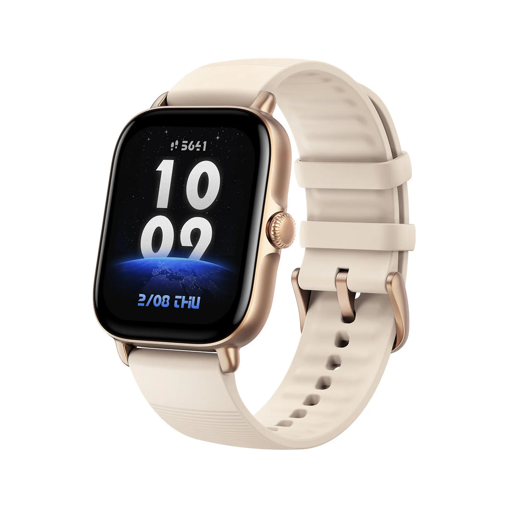 Amazfit GTS 4 Mini smartwatch displaying health stats and sports modes on a sleek digital screen.