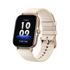 Amazfit GTS 4 Mini smartwatch displaying health stats and sports modes on a sleek digital screen.