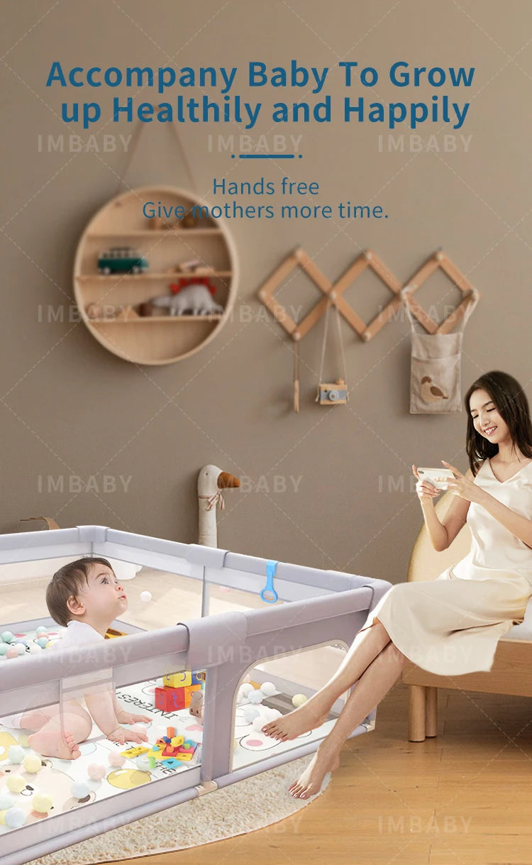 Light gray IMBABY baby playpen by Nova Mart with pull ring and ball box for safe, spacious play area for infants.
