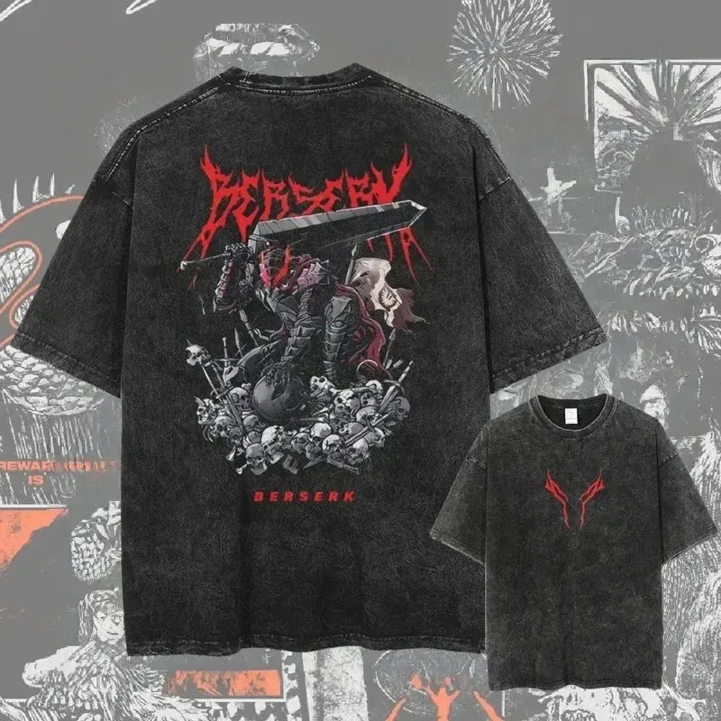 Men's Berserk anime graphic T-shirt by Nova Mart, washed oversized streetwear style, featuring bold manga-inspired artwork.