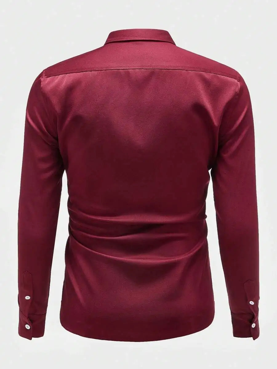 Men's solid satin casual long sleeve shirt by Nova Mart, shown in a sleek, smooth fabric with a classic collar and button front.