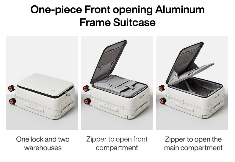 Nova Mart Mixi PC aluminum frame trolley case with laptop pocket, durable luggage with sleek design and secure handle.