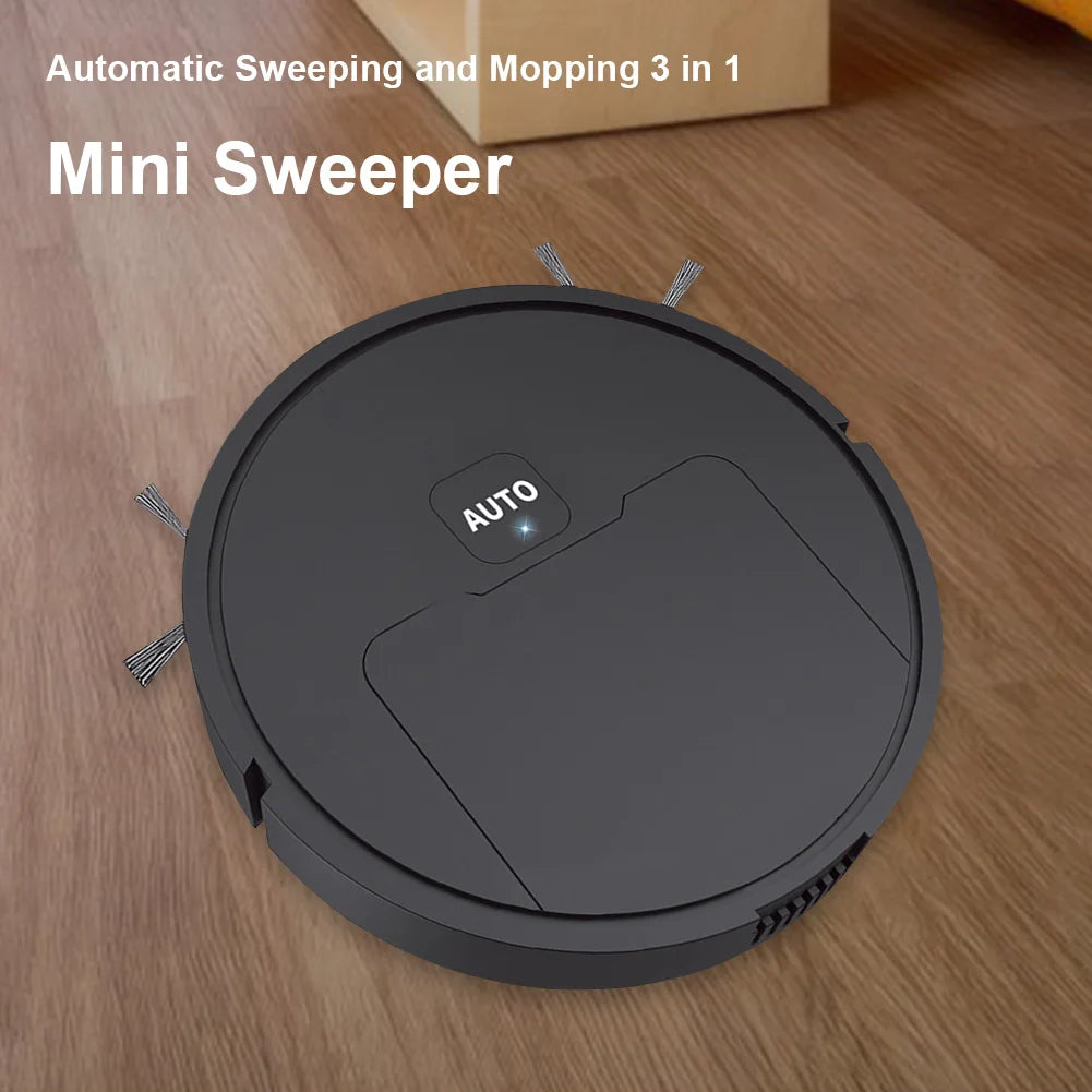 Nova Mart 3-in-1 robotic vacuum cleaner with mop and sweep features, showing the sleek black robot on a clean hardwood floor.
