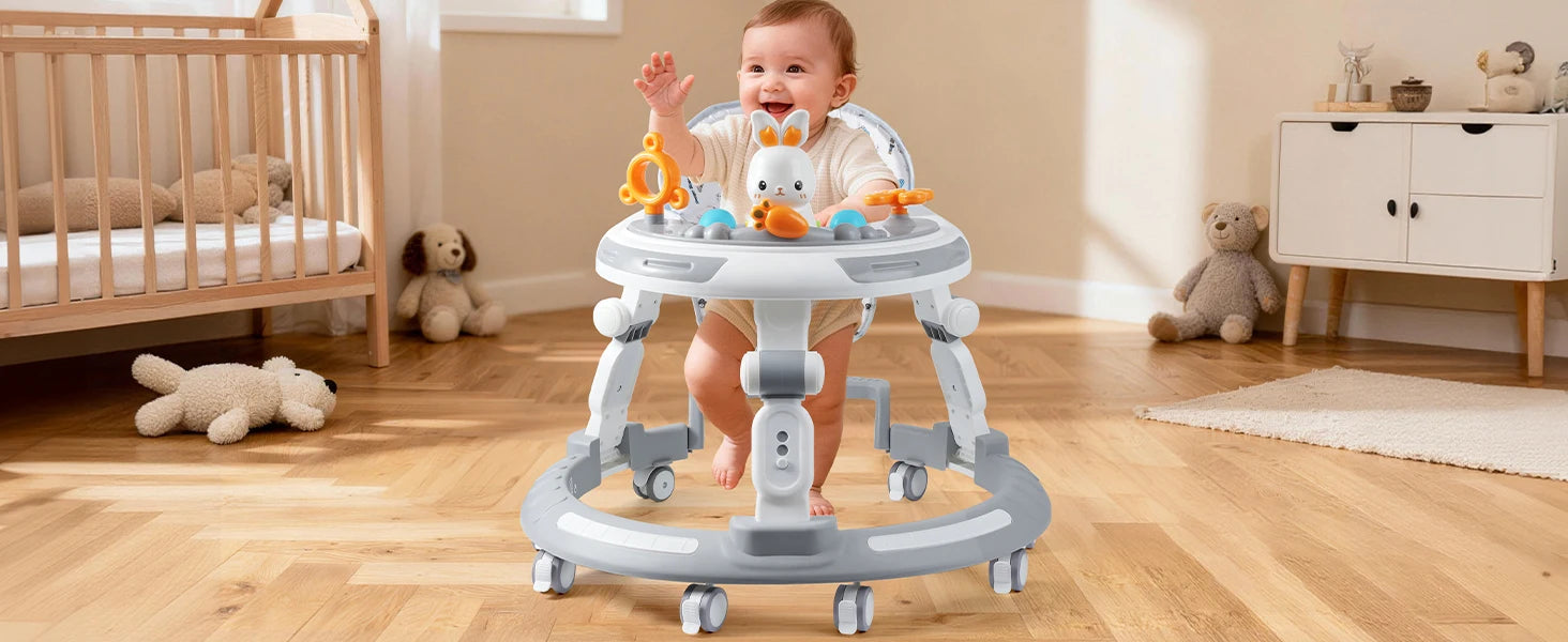 Nova Mart 4-in-1 safety baby walker with music, lights, and toy panel, featuring colorful design and sturdy frame for toddler support.