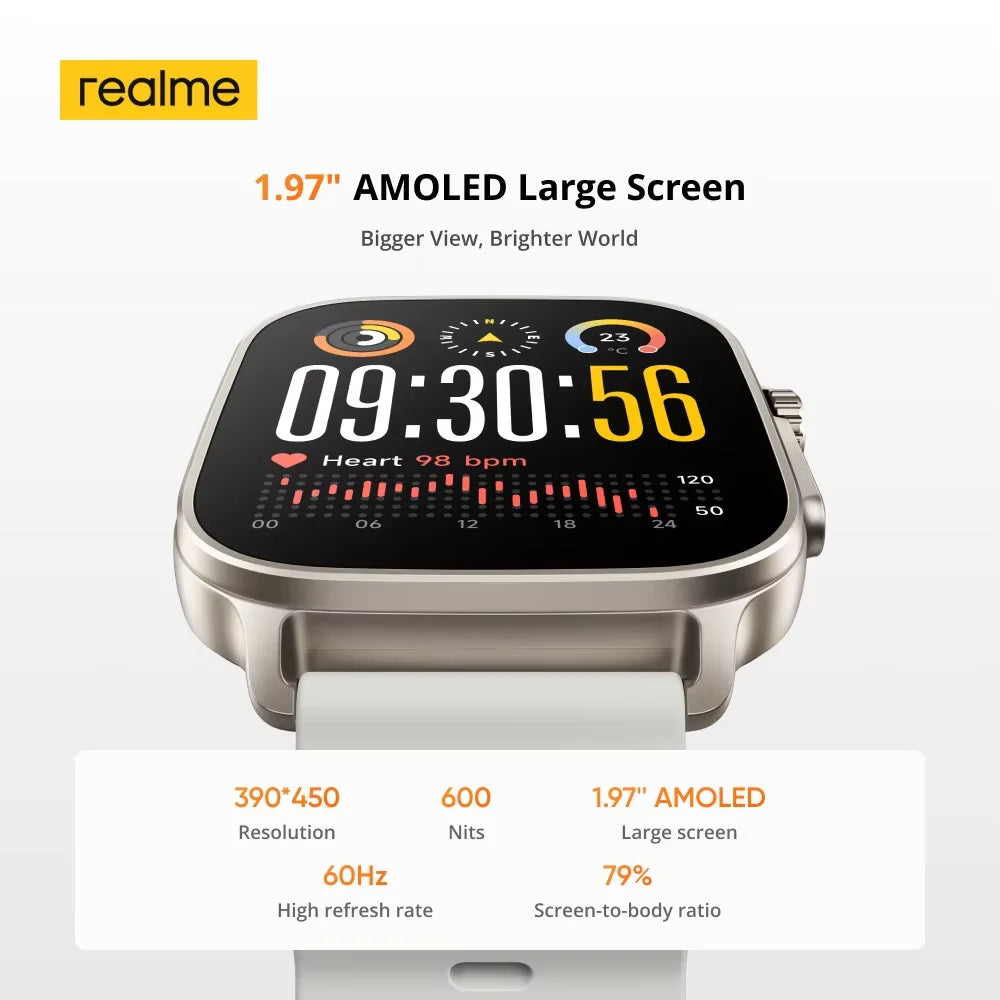 Realme Watch 5 smart watch with 1.97-inch AMOLED display, GPS, and IP68 water resistance, shown on a wrist.